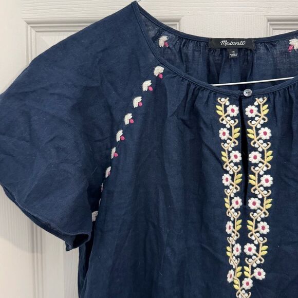 Madewell Embroidered Linen-Blend Raglan Ruffle Mini Dress Size Medium Deep Navy - Picture 3 of 7